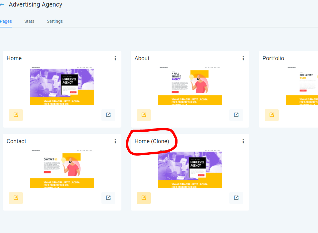 Website page list showing a duplicated page