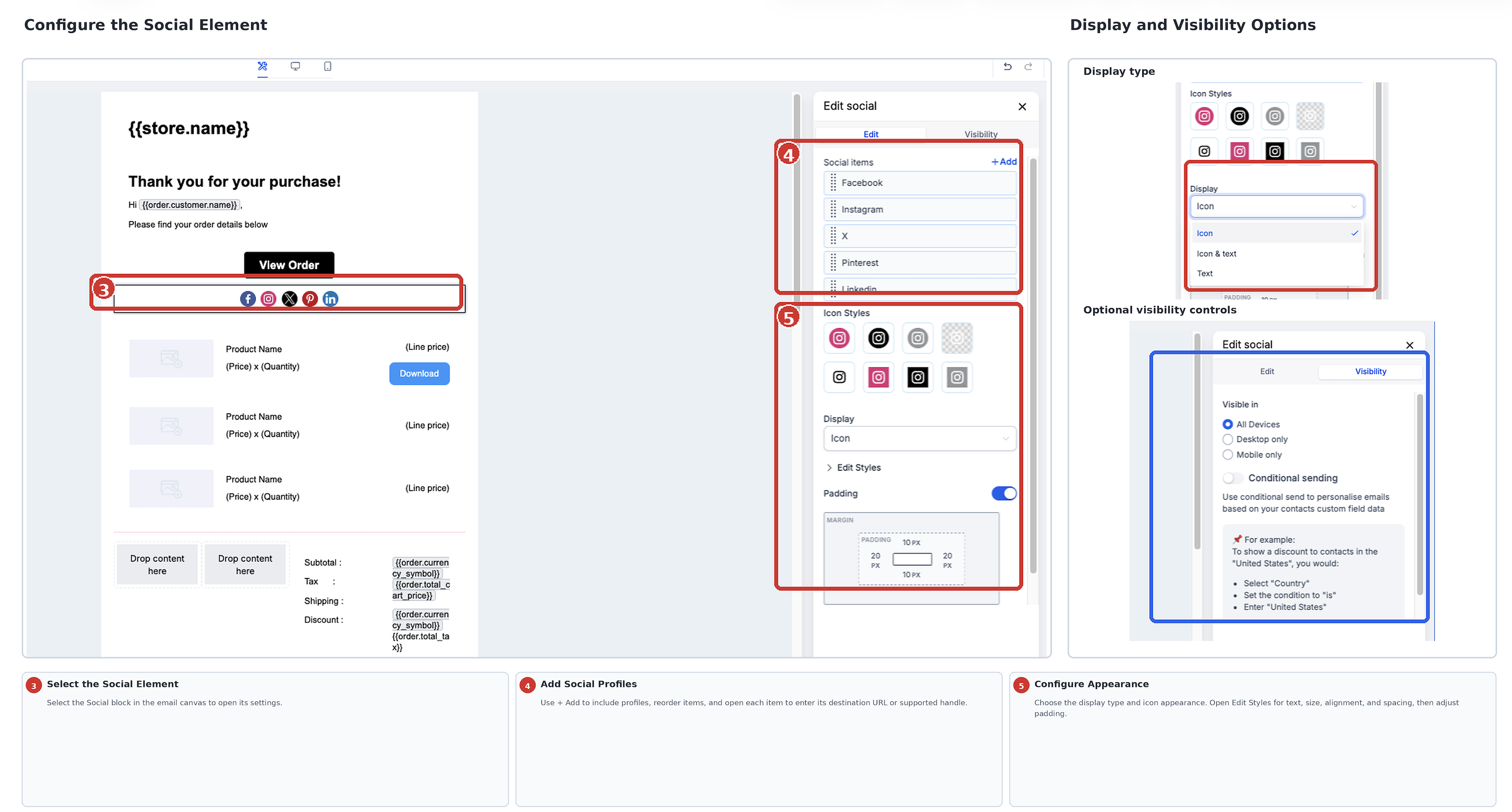 Social Element settings showing social profiles, icon styles, display options, and visibility controls