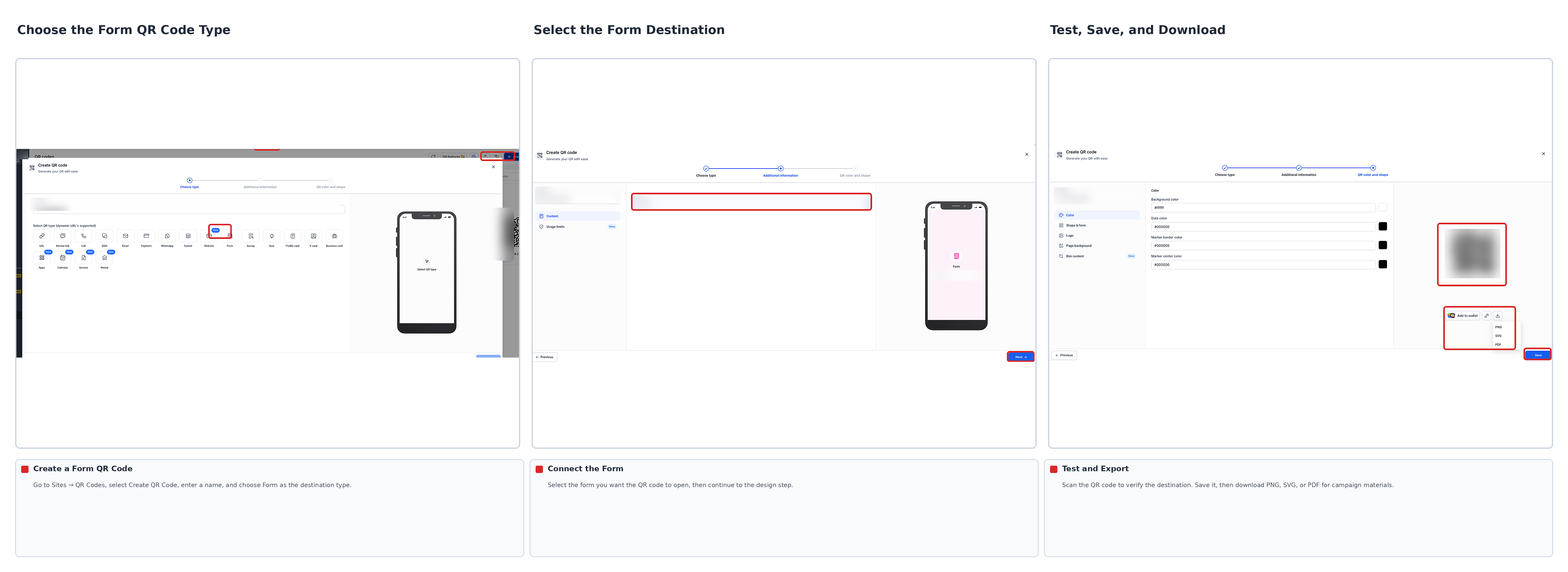 QR Code Builder showing the Form QR code type, form destination selection, QR code preview, and download controls
