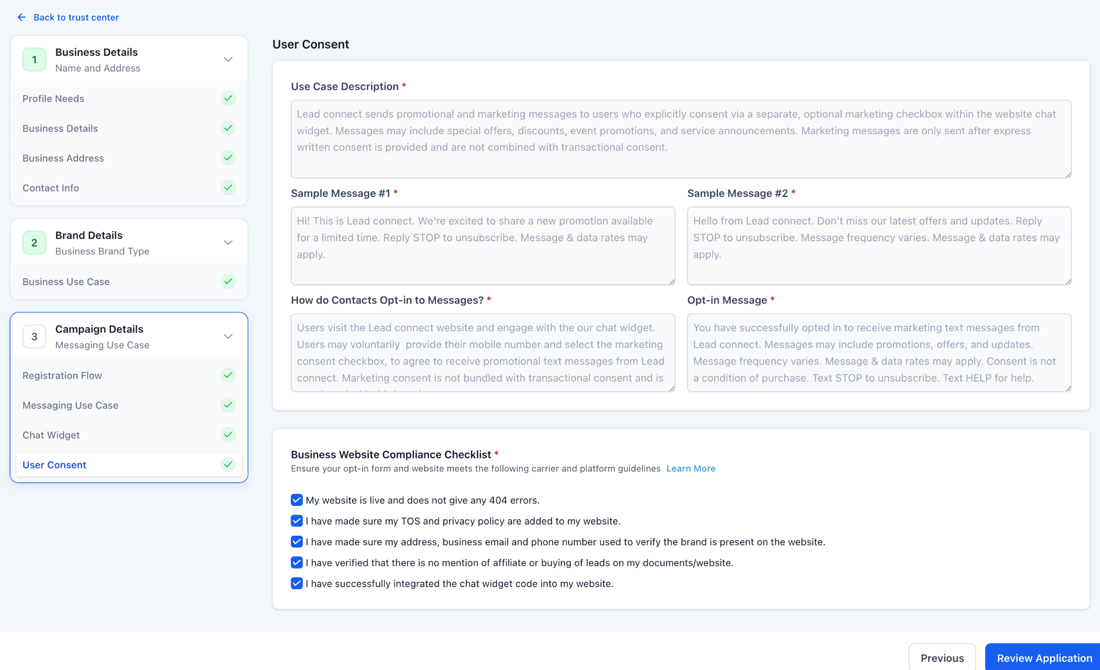 Chat widget preview showing form fields including name, phone, date of birth, and consent text
