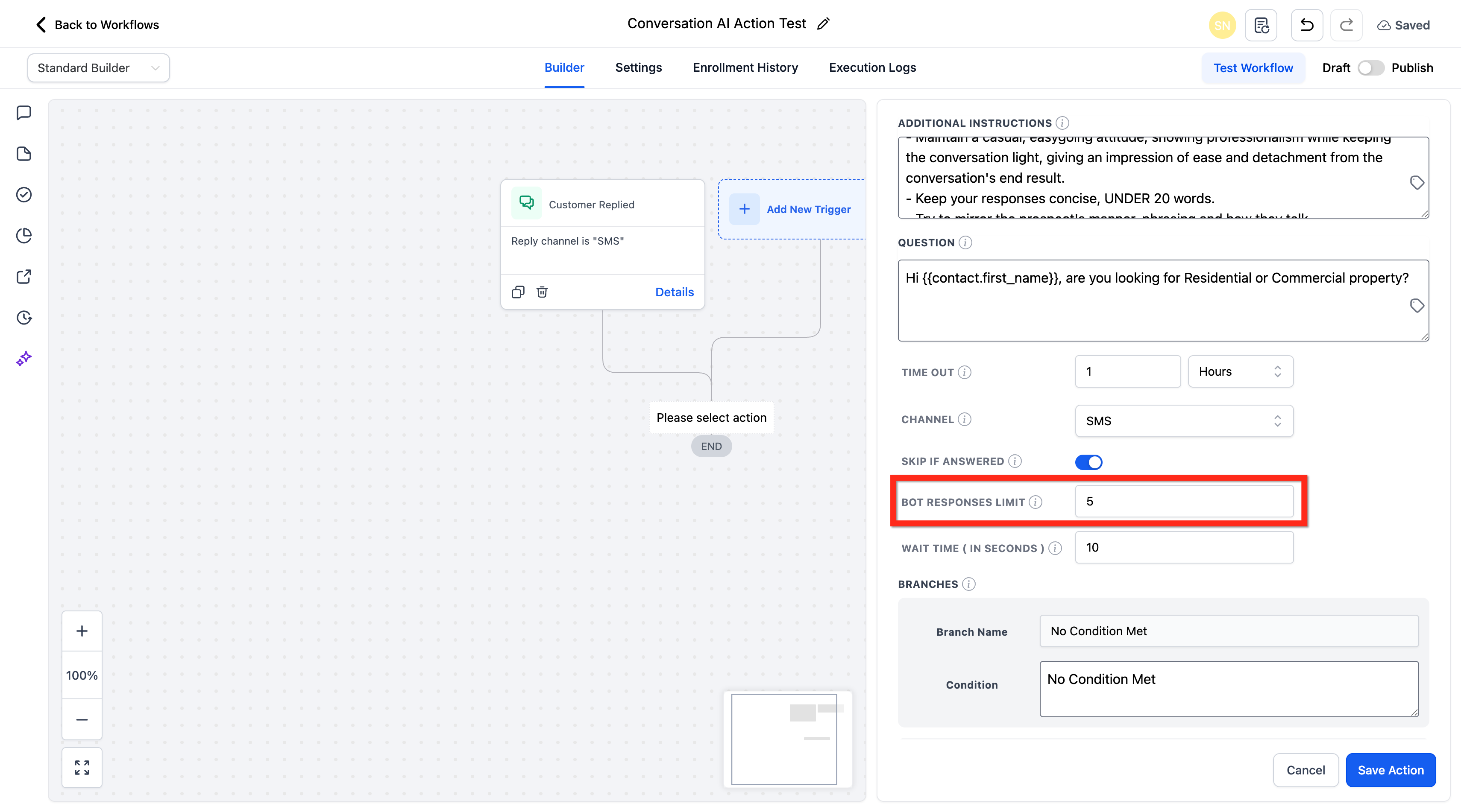 Conversation AI workflow action showing Bot responses limit