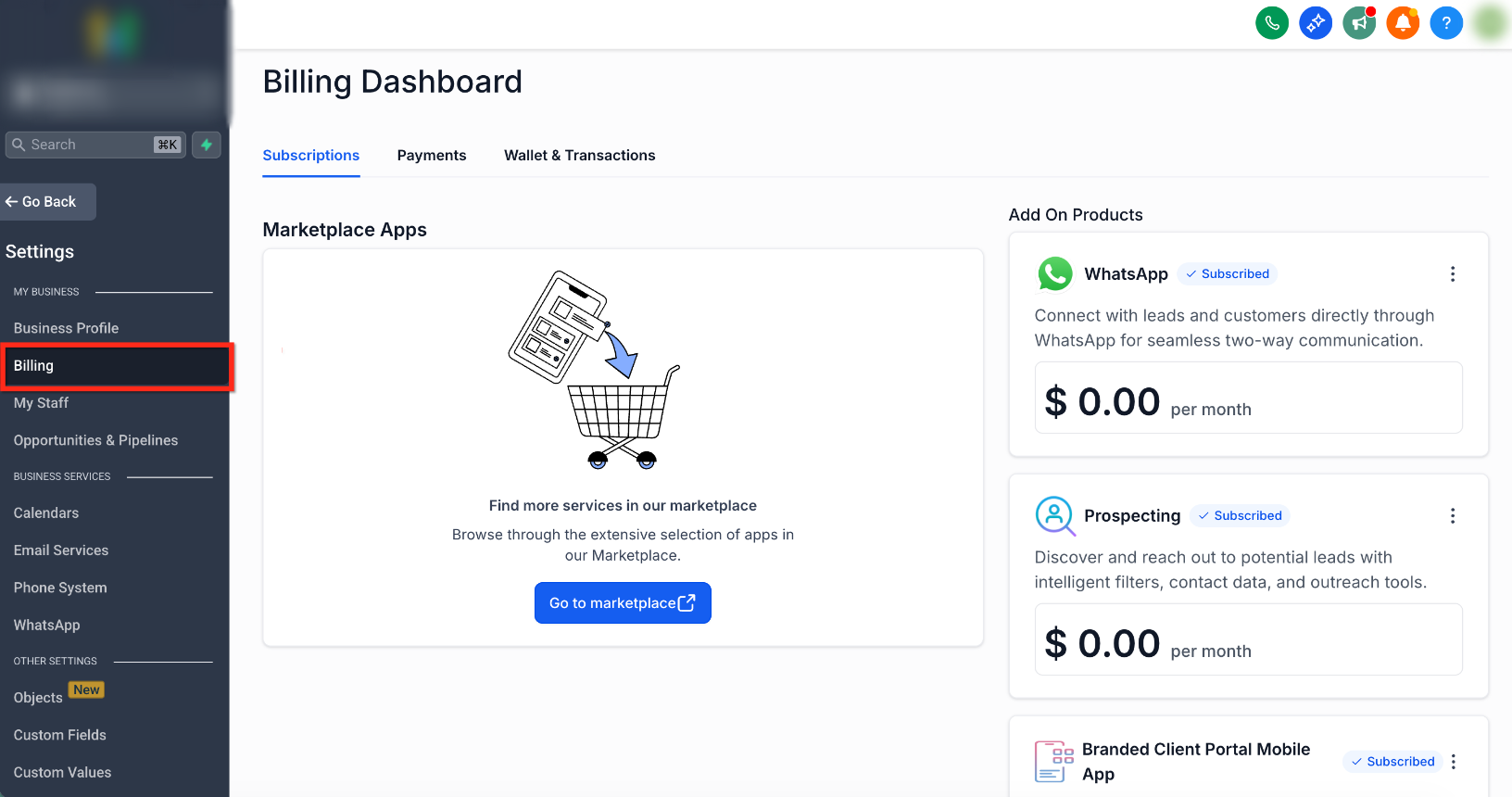 Account Billing Dashboard