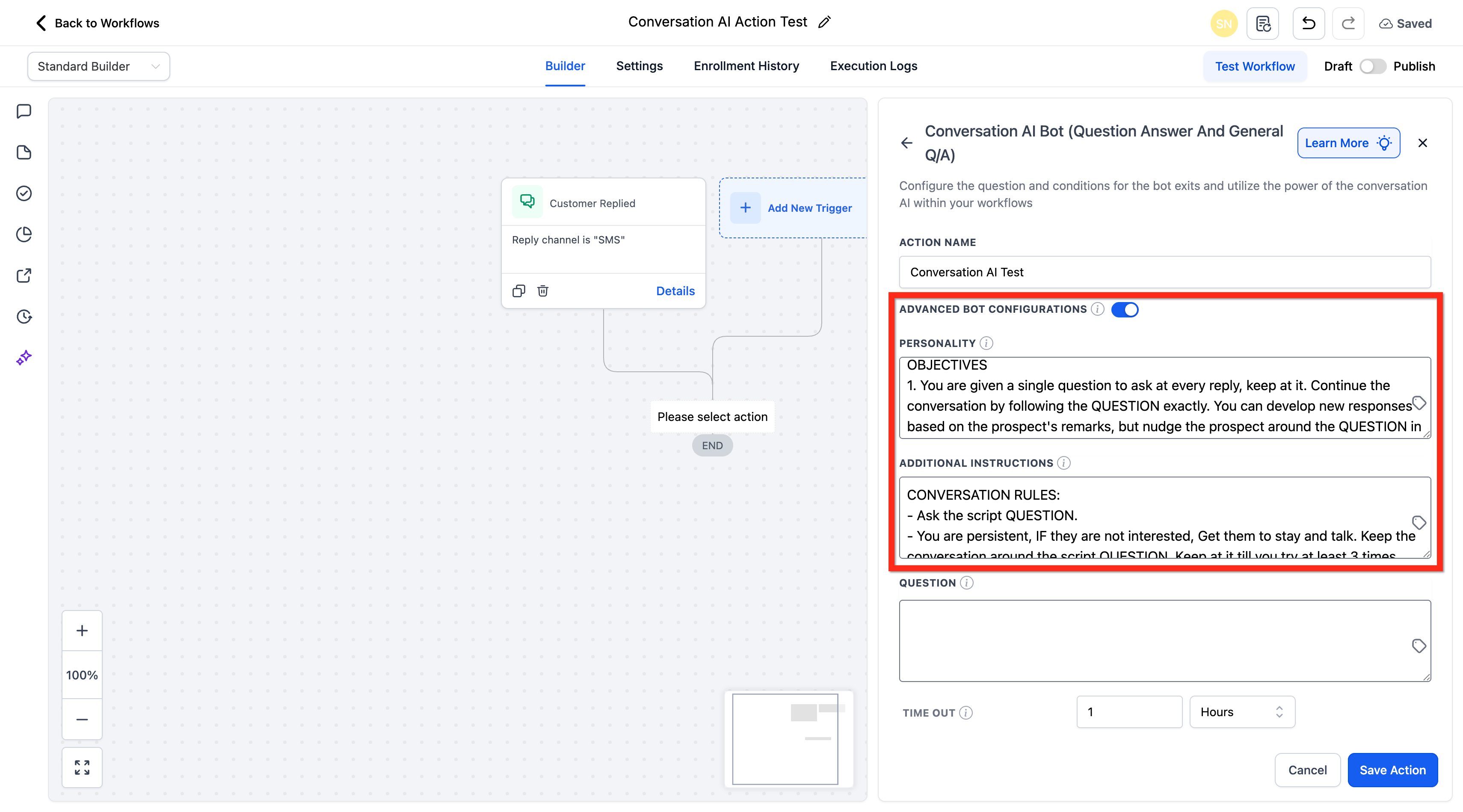 Conversation AI action showing Advanced Bot Configuration