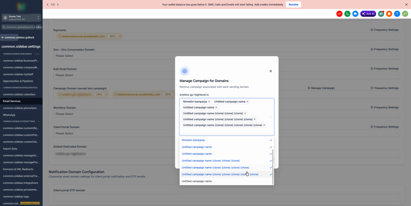 Selecting all campaigns and clicking Remove to unlink the domain