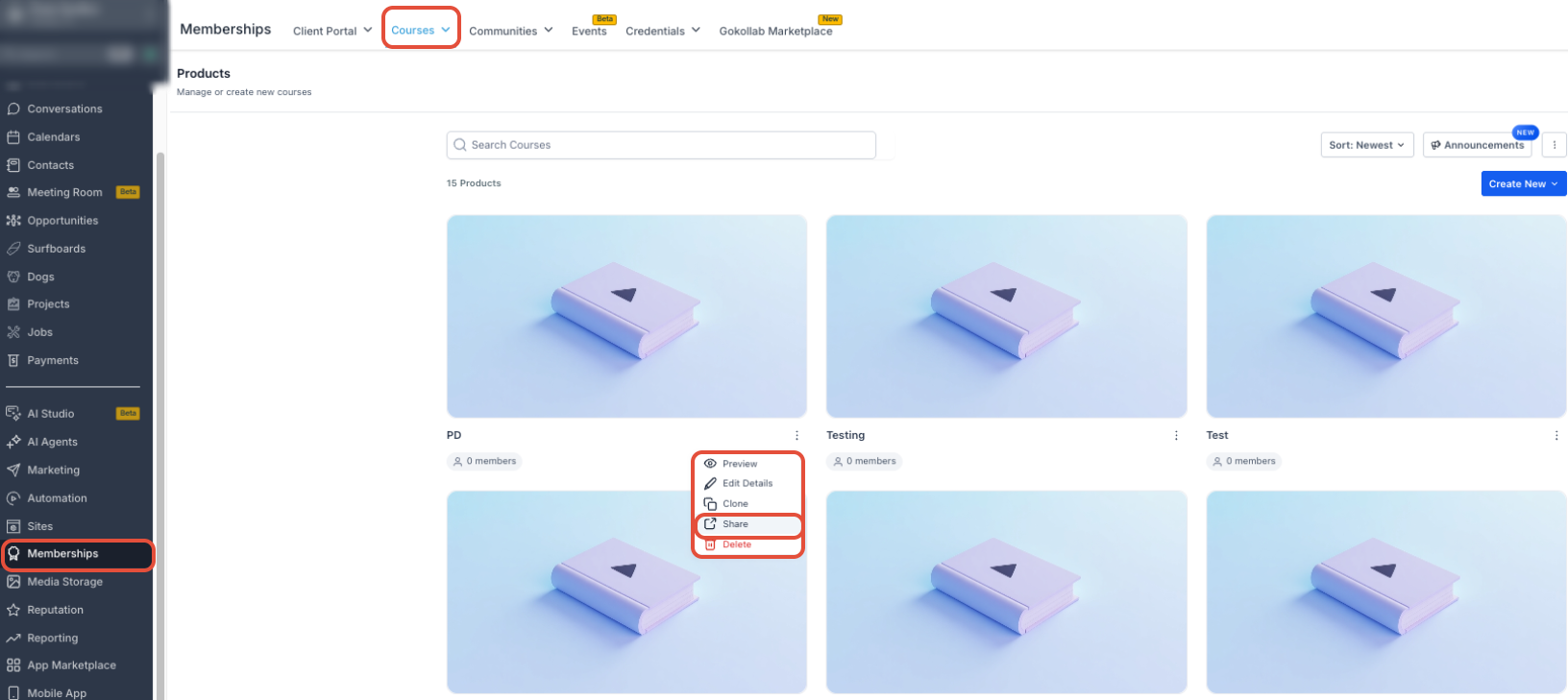 Course sharing controls showing Share Course and the generated checkout link