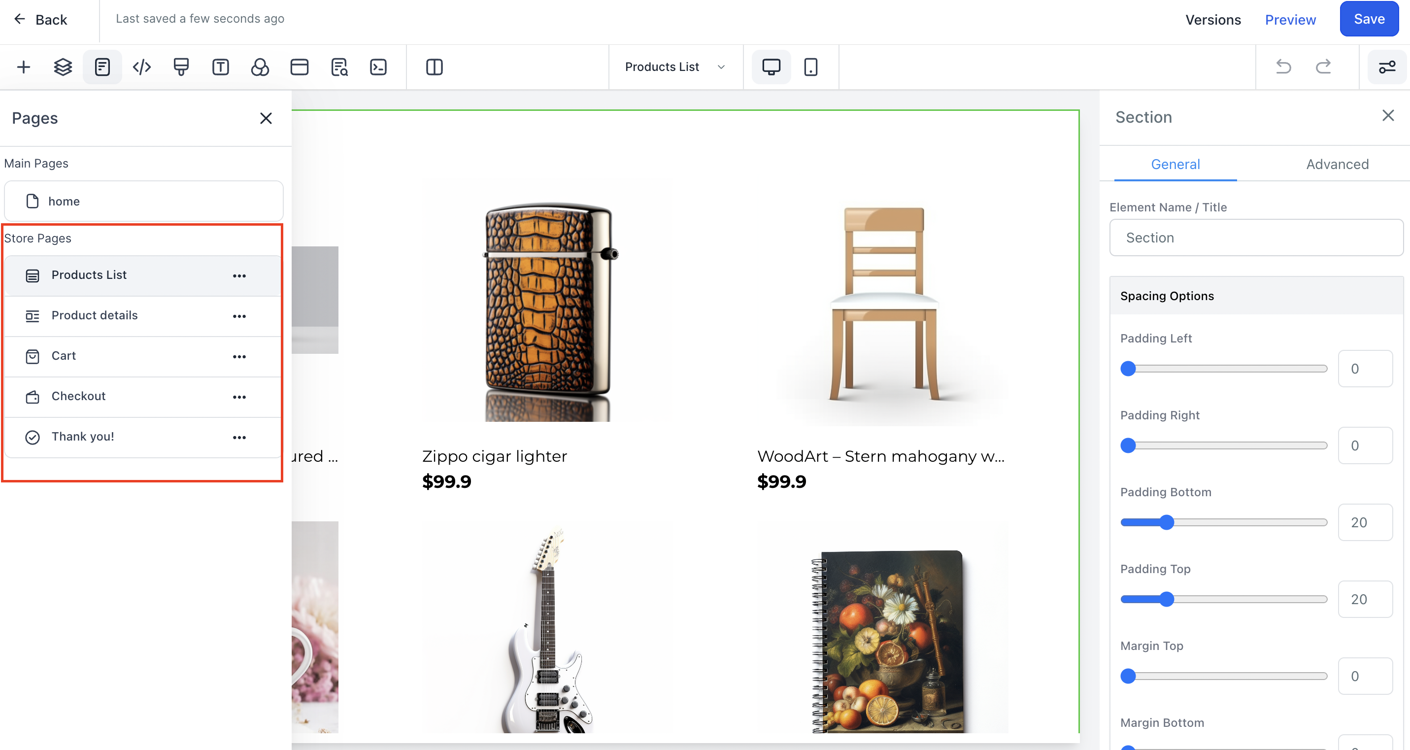 Website Builder showing the Ecommerce Store pages used for the customer purchase journey