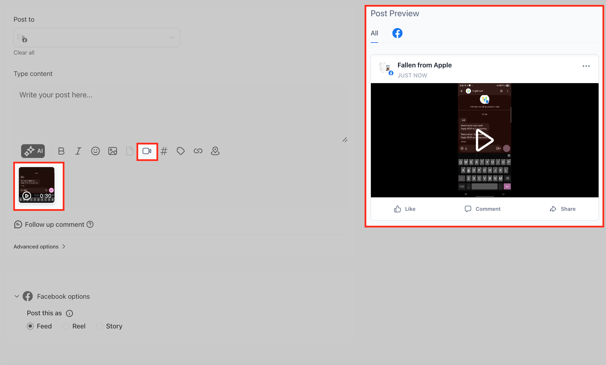 Post composer showing uploaded video media and the Post Preview panel.