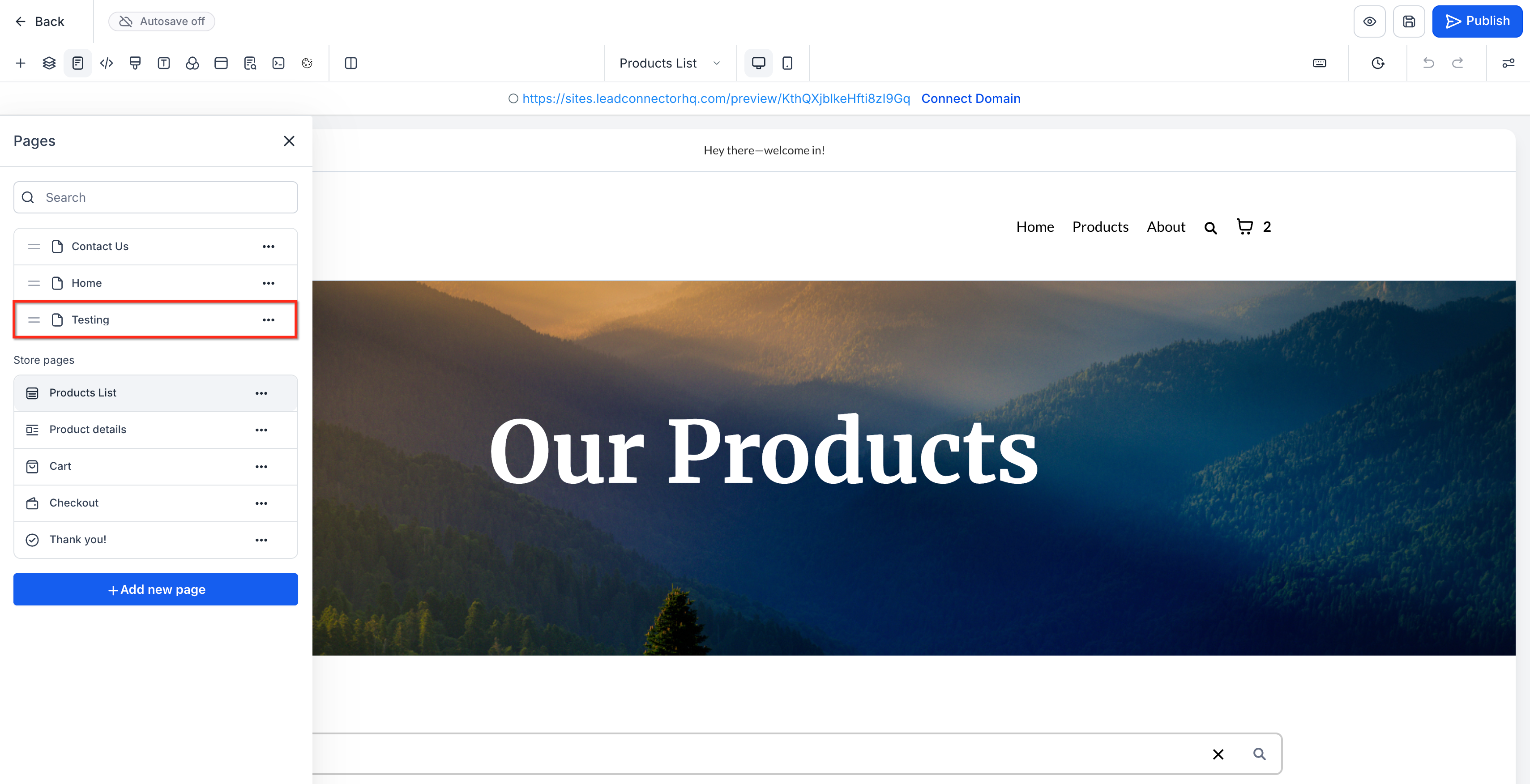 Newly created page available in the Pages drawer