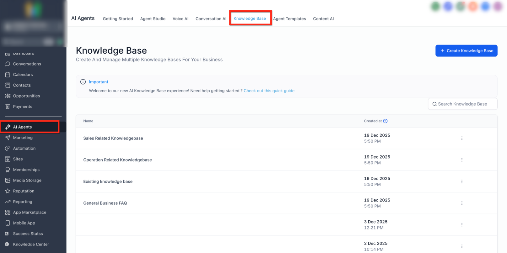 Knowledge Base list inside AI Agents