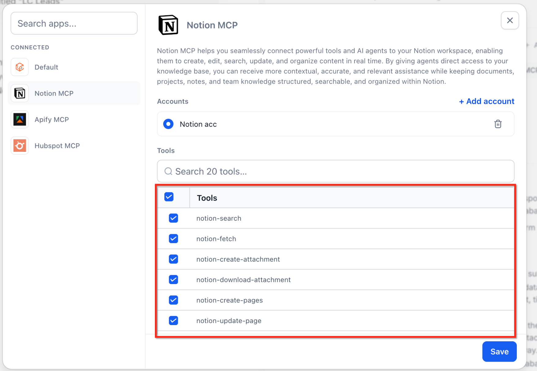 Select MCP connector tools