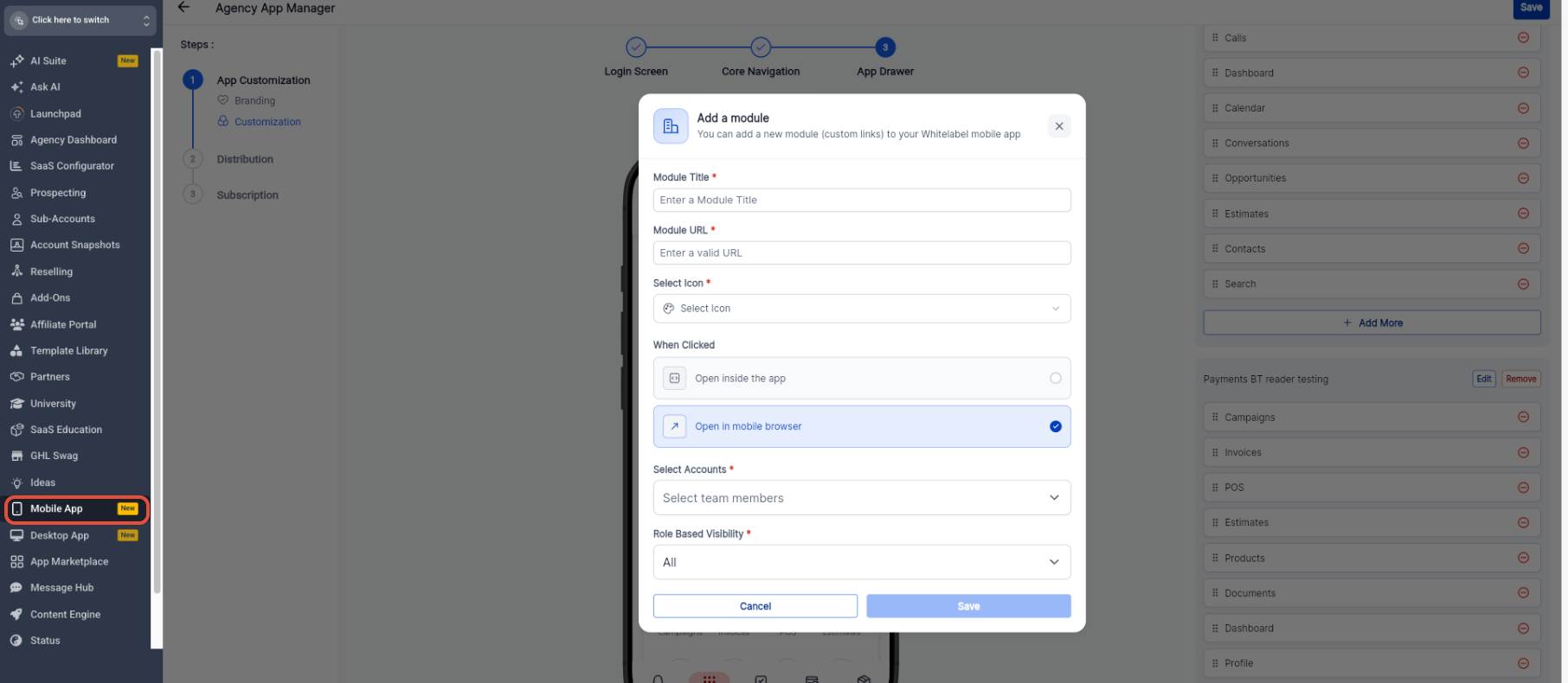 Add a module window showing Module Title, Module URL, icon, opening behavior, account selection, and Role Based Visibility