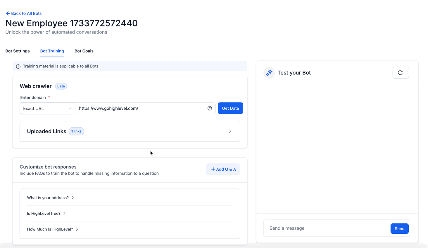 Custom Bot Response question and answer being added under Bot Training.