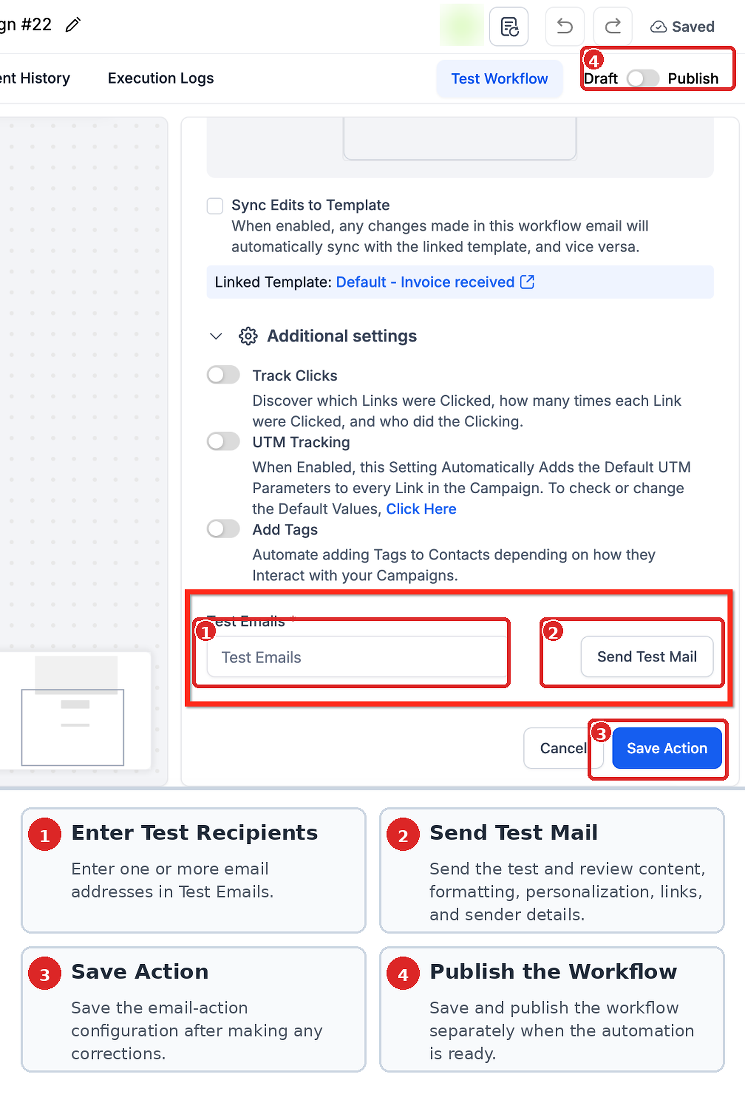 Test Emails field and Send Test Mail option in a workflow email action
