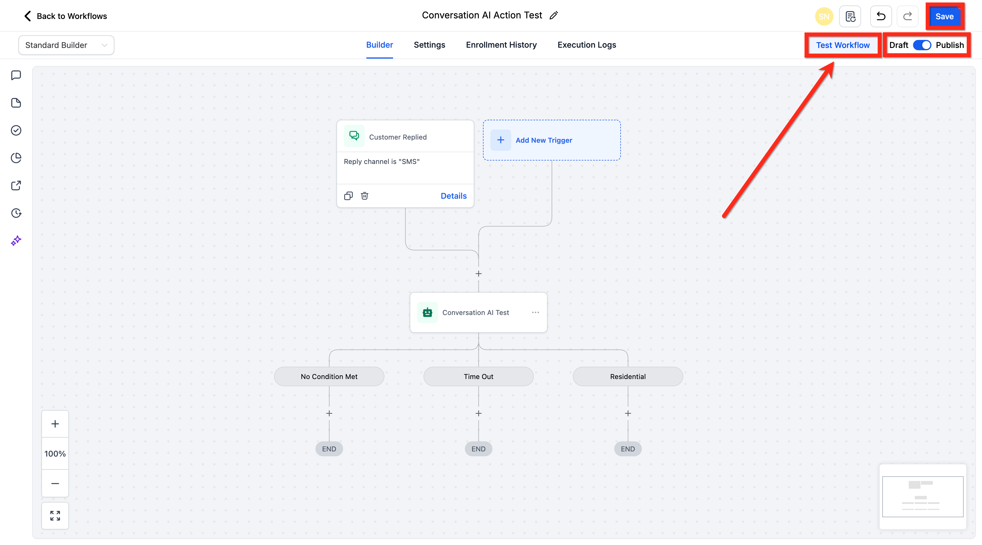 Workflow Builder showing workflow publishing controls