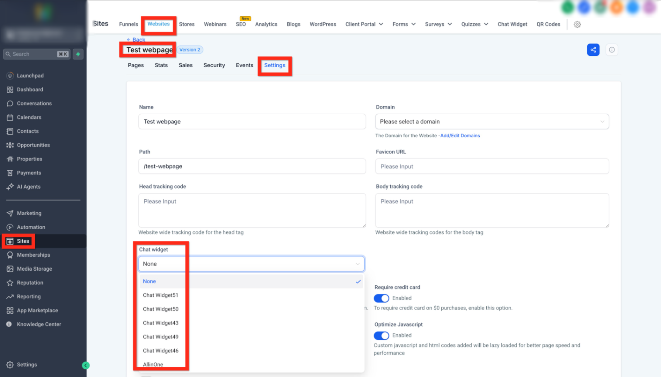 Chat Widget selection in website or funnel settings
