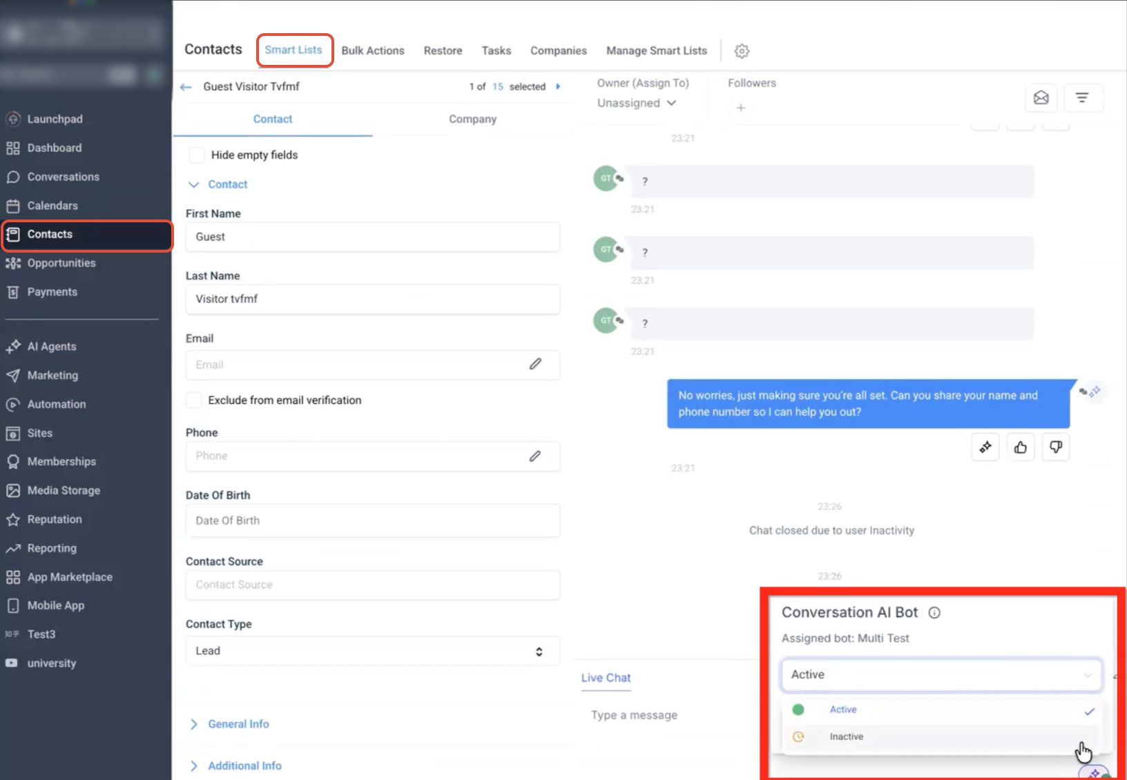 Conversation AI Active and Inactive control