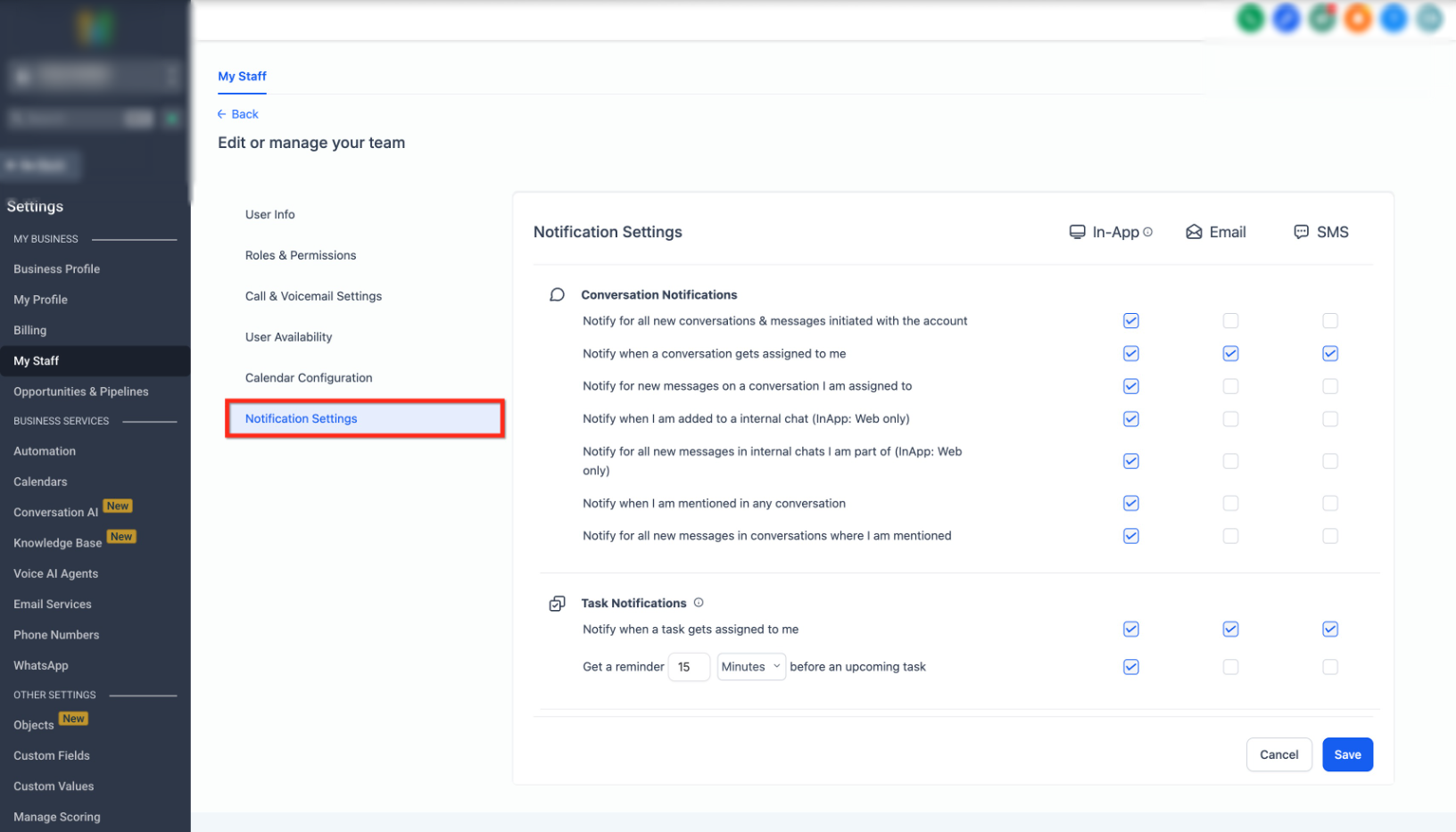 Staff Notification Settings