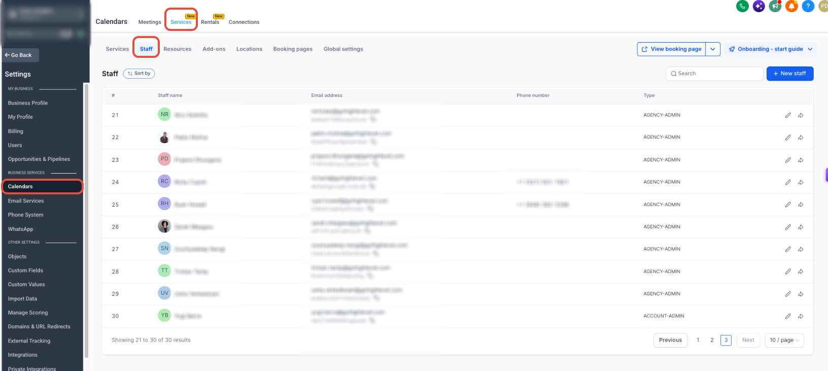 Services Staff area showing configured staff members