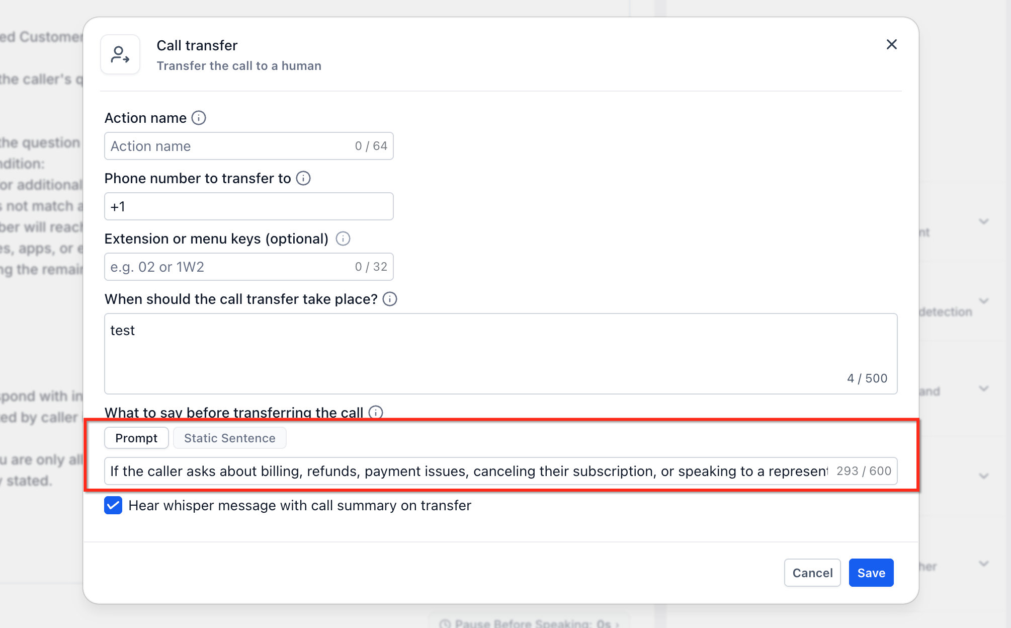 Call Transfer action configuration showing transfer conditions and the message used before the transfer.