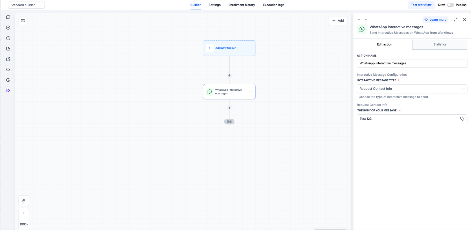Workflow builder showing the WhatsApp Interactive Messages action with Request Contact Info selected