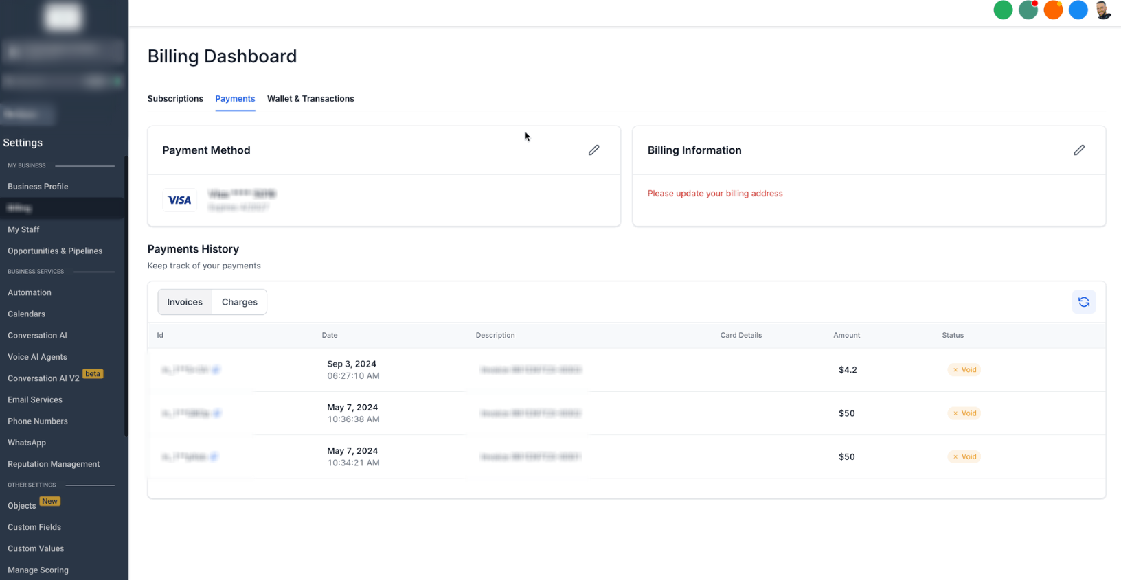Billing Information settings