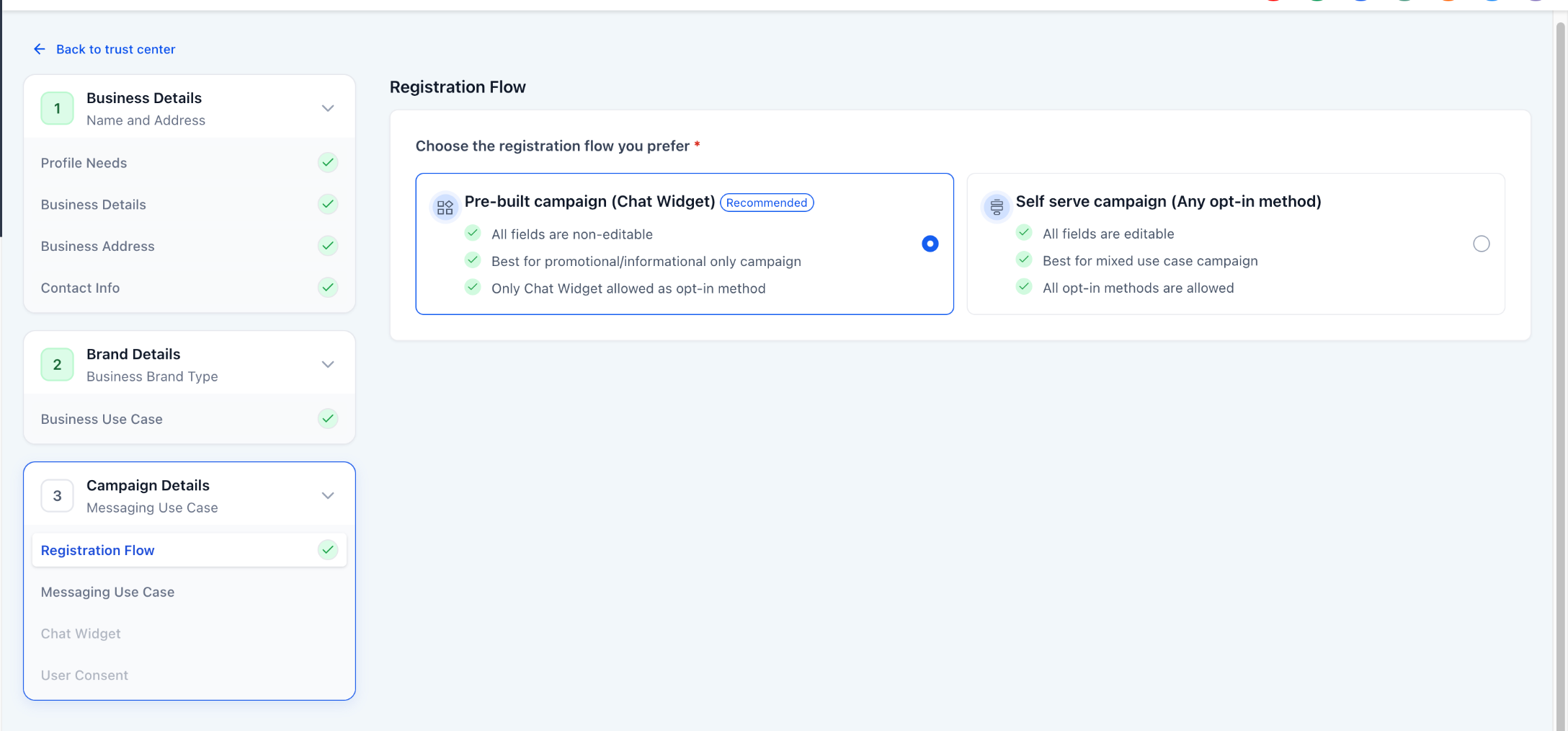 Pre-built campaign registration flow selection showing Chat Widget as recommended option