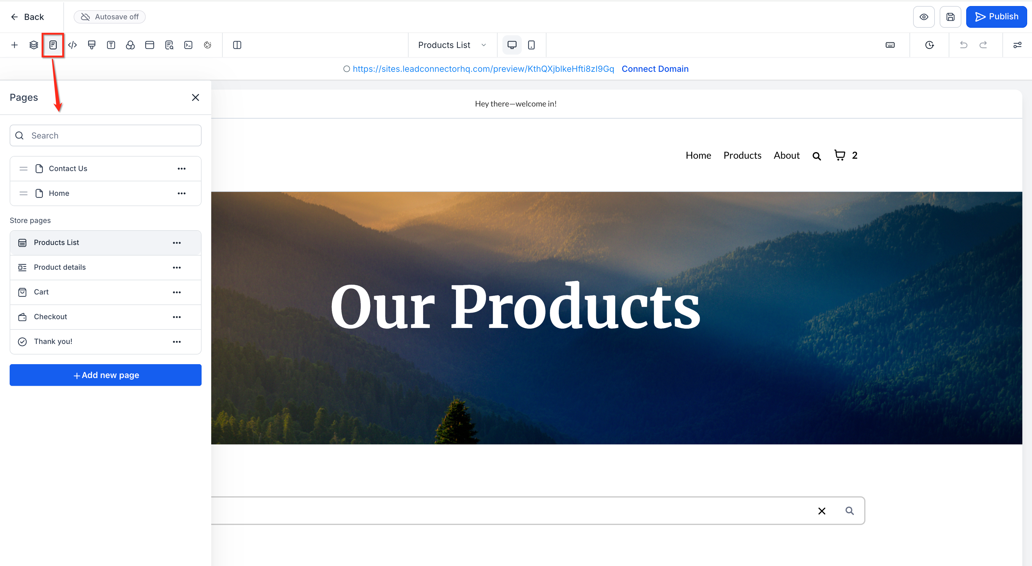 Pages drawer showing pages in the current funnel or website