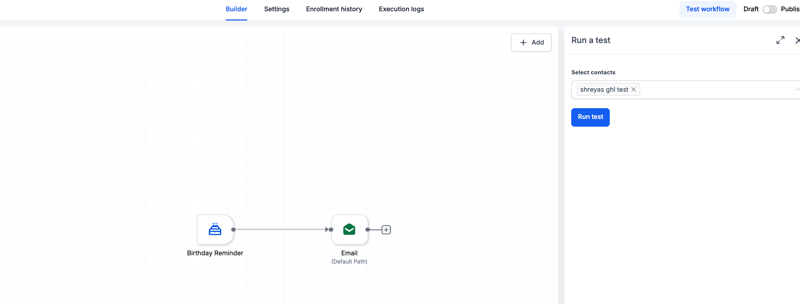 Test workflow panel showing contact selection, Run test, and Draft and Publish controls