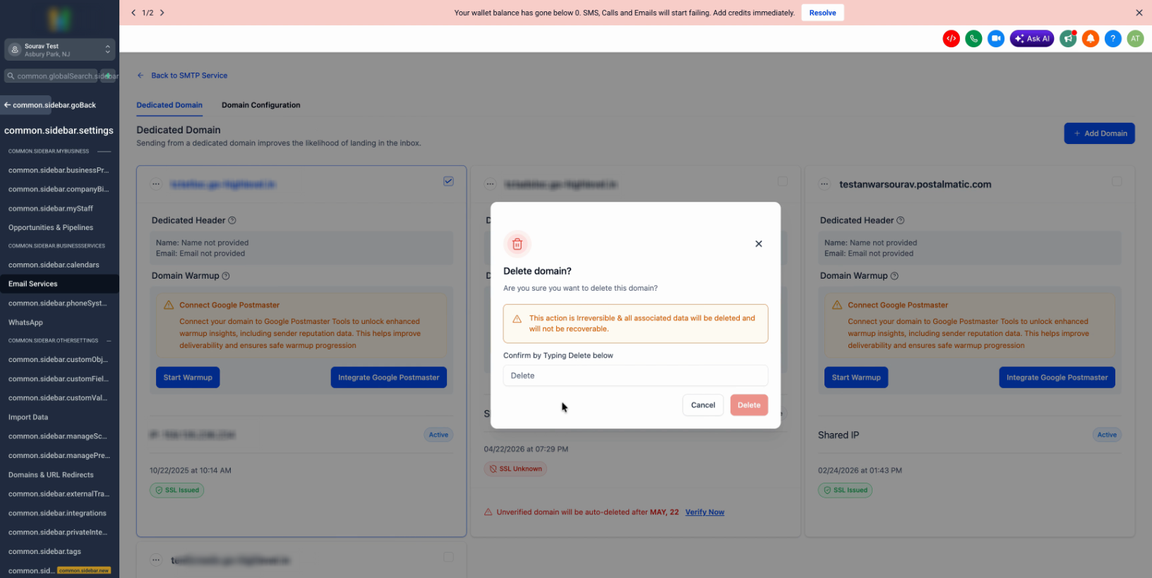 Final domain delete confirmation with the required confirmation text entered