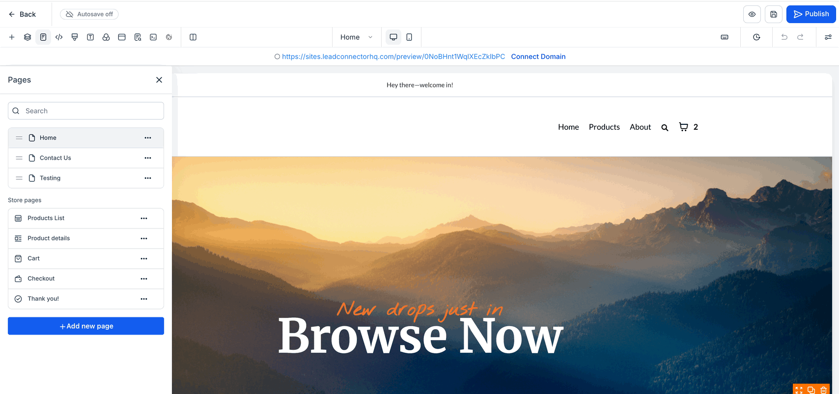 Dragging a page to a new position in the Page Builder
