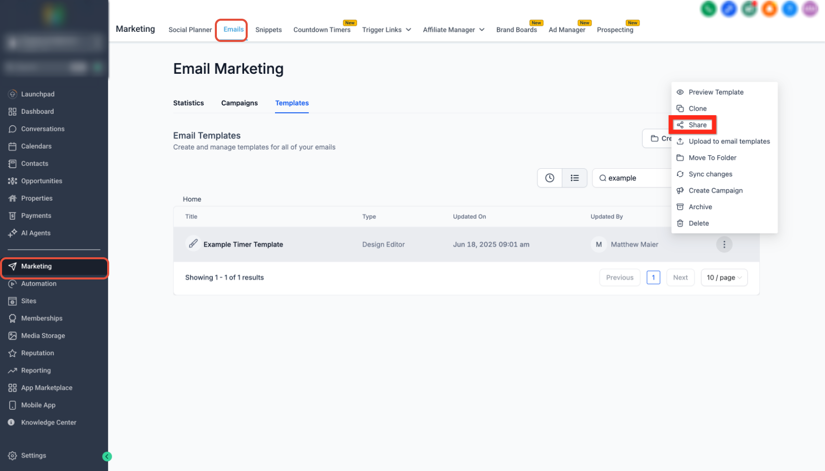 Share option for an email template