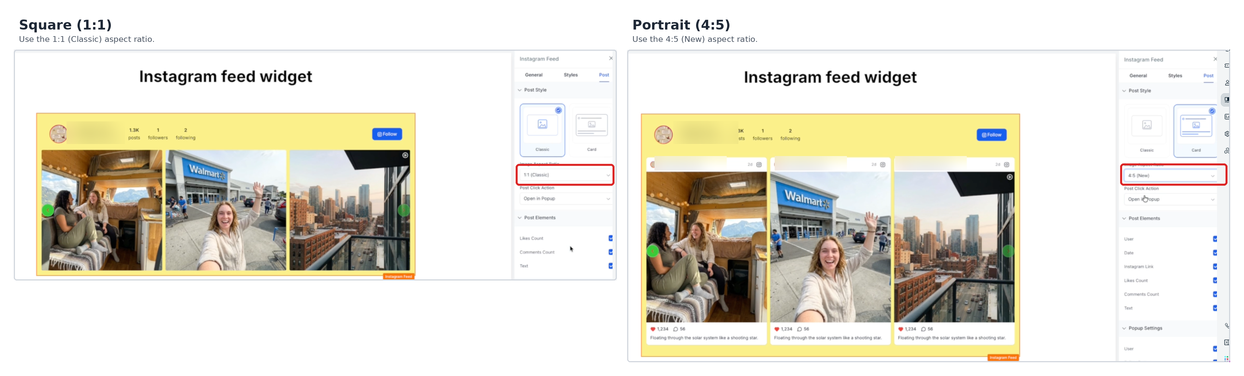 Instagram Feed widget showing Square and Portrait image crop options