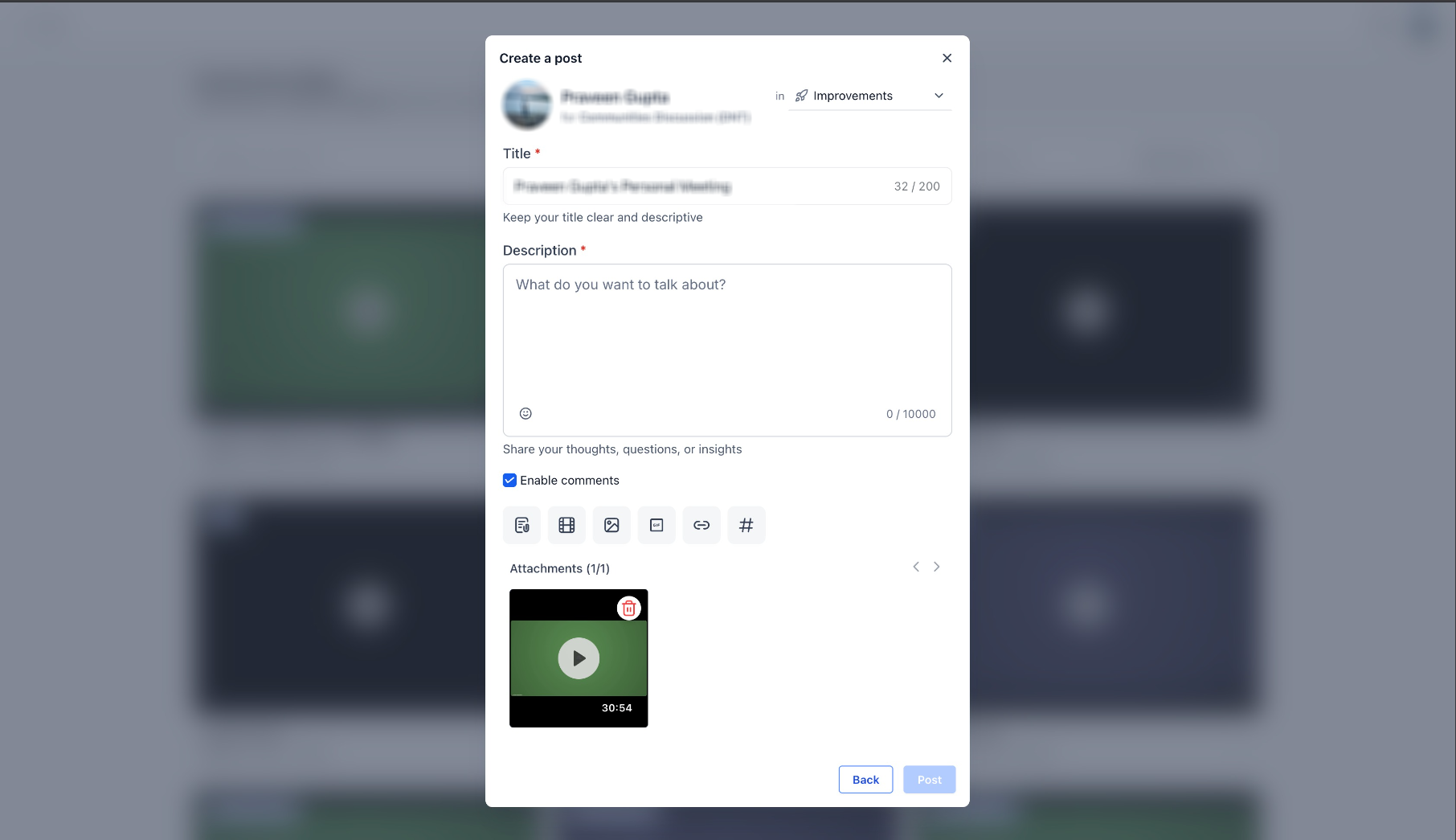 Community post composer with a meeting recording attached