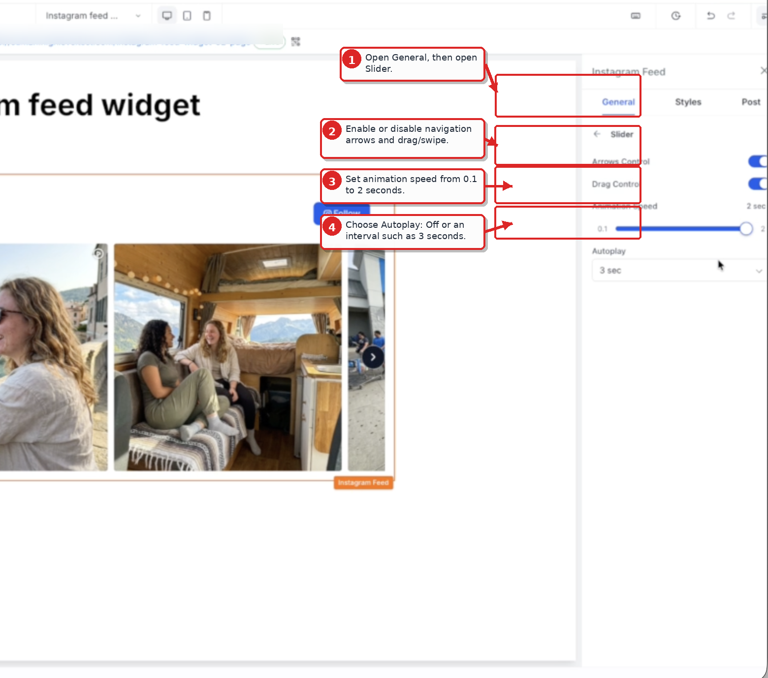 Instagram Feed Slider settings showing navigation arrows, drag controls, animation speed, and autoplay