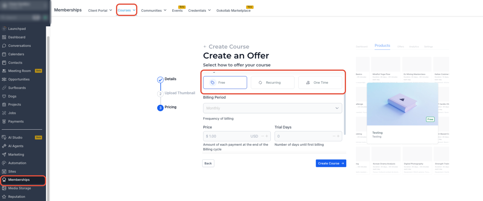 Course Pricing tab showing pricing options and the generated course checkout link