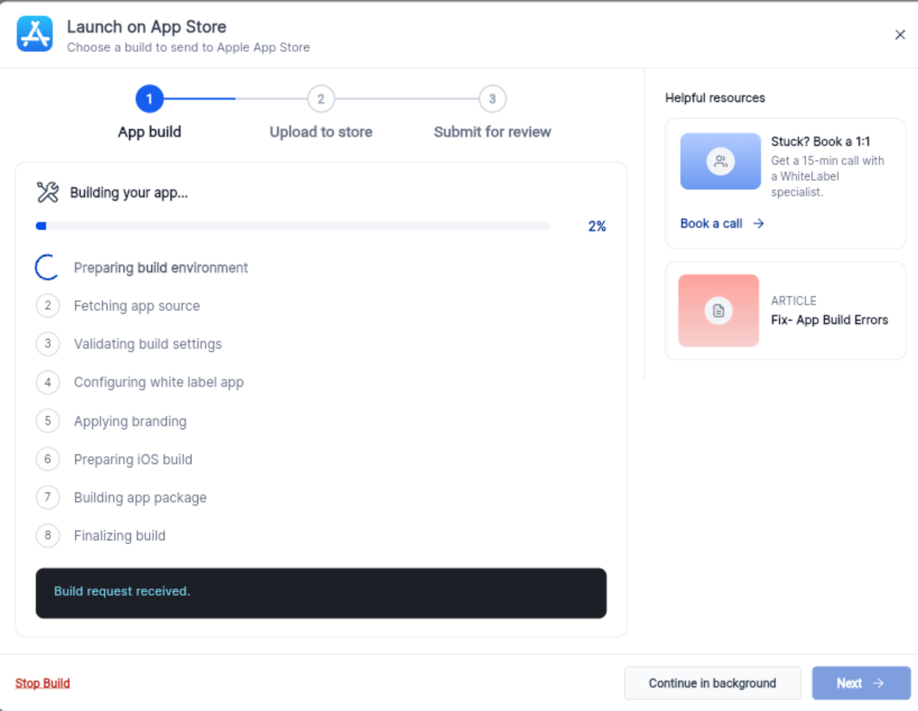 Launch on App Store workflow showing App build, Upload to store, Submit for review, and build progress