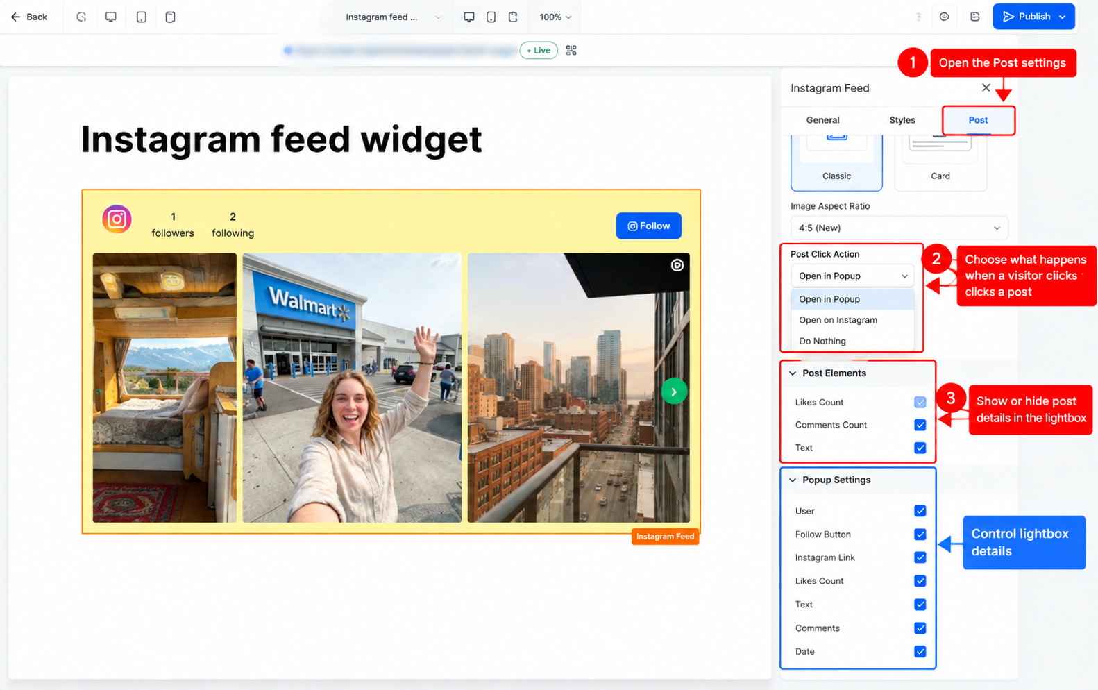 Instagram Feed Post settings showing click actions, post elements, and popup display options