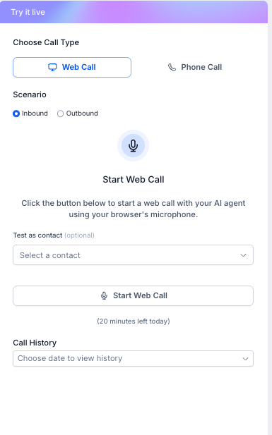 Voice AI testing panel showing Web Call and Phone Call options