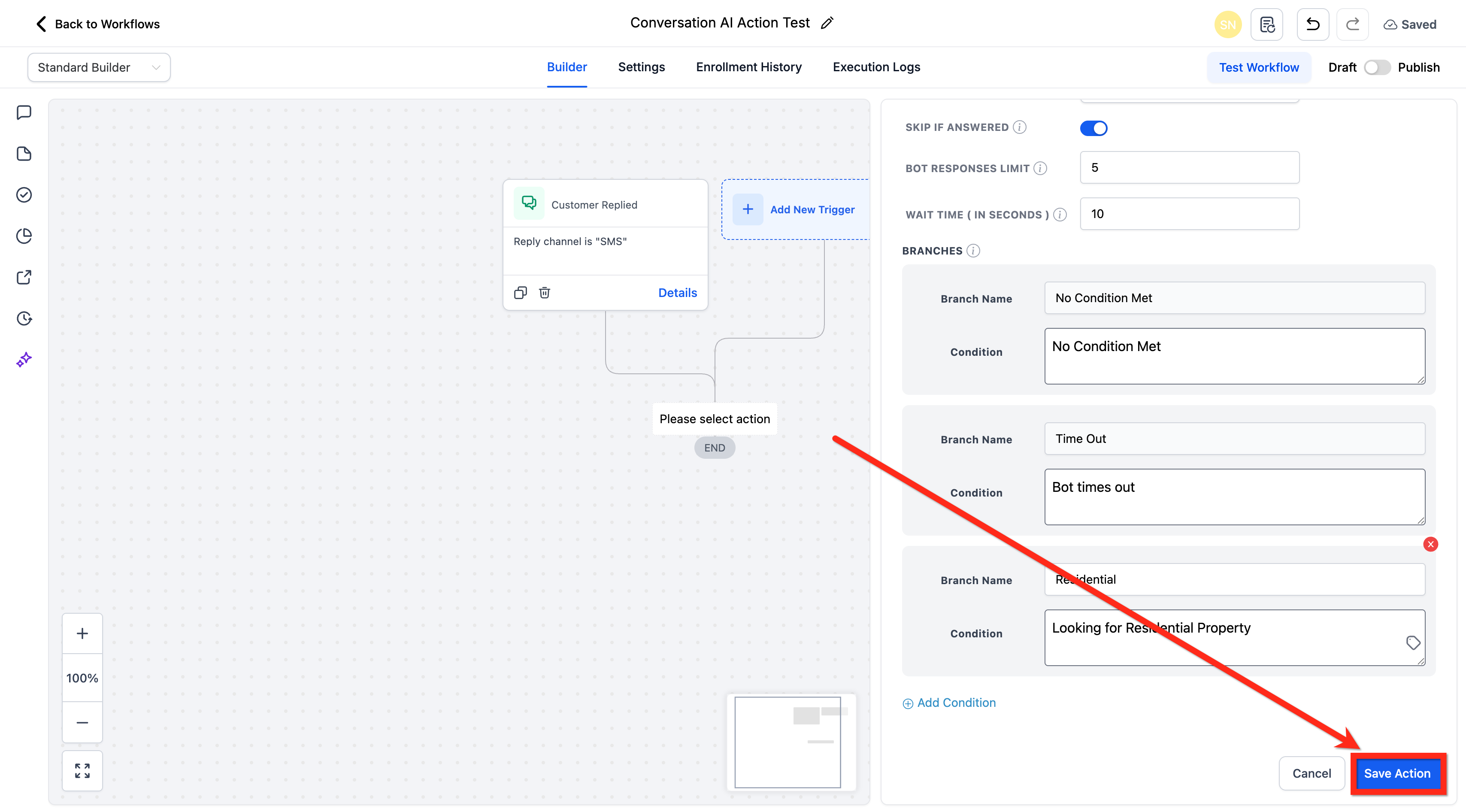Conversation AI workflow action showing Save Action