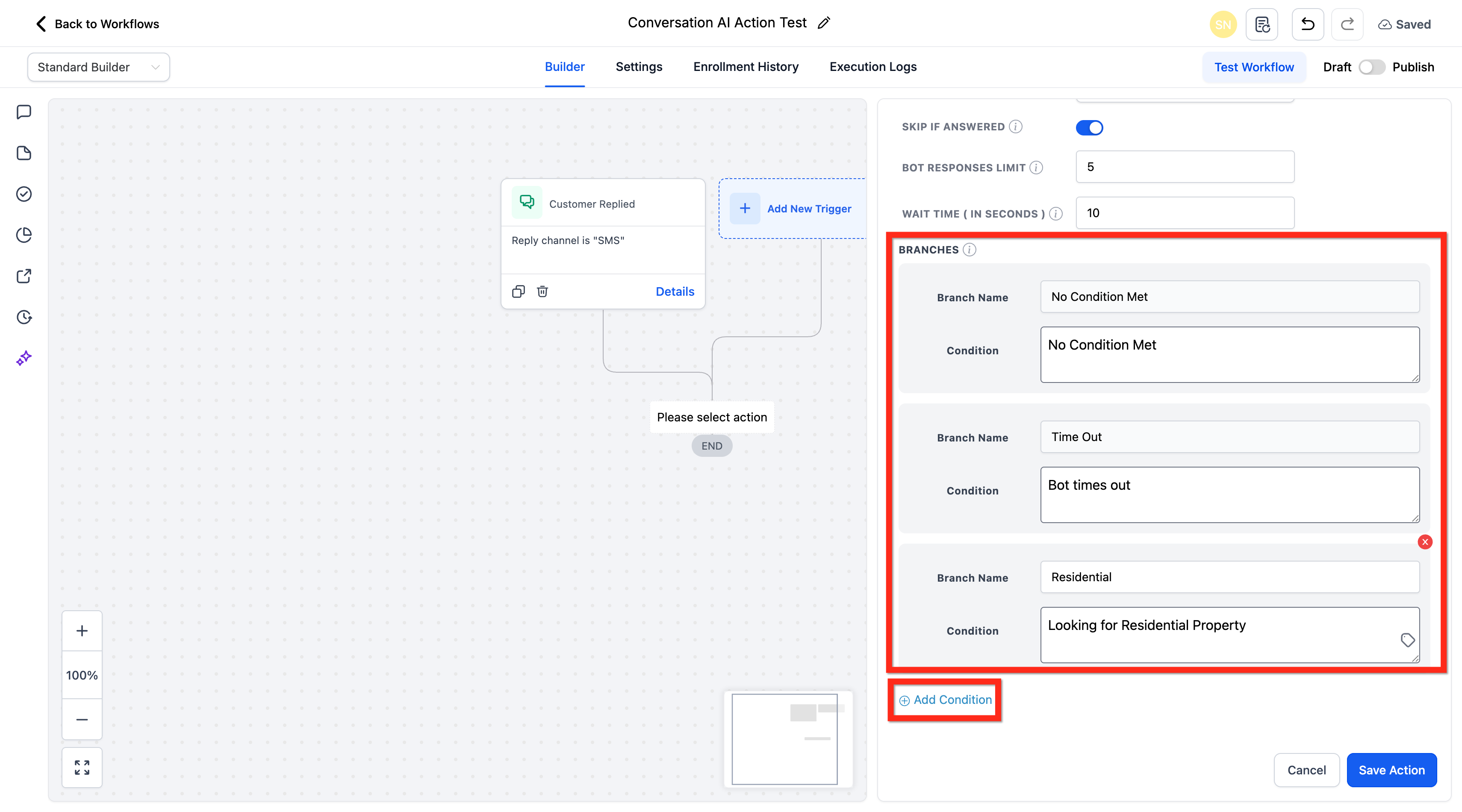 Conversation AI action showing Branches and Conditions