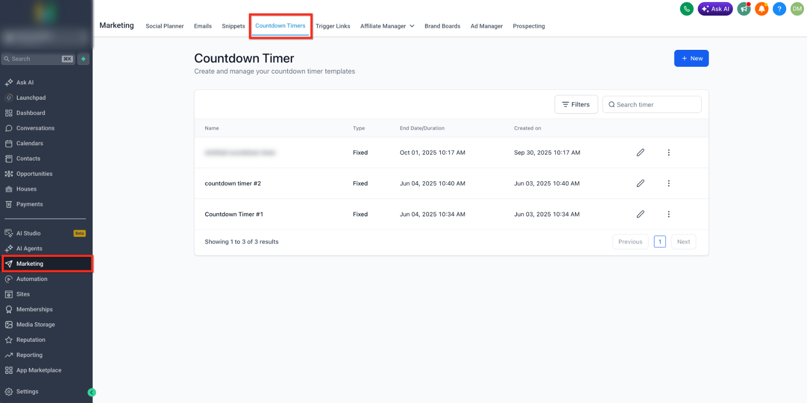Countdown Timers page in Marketing