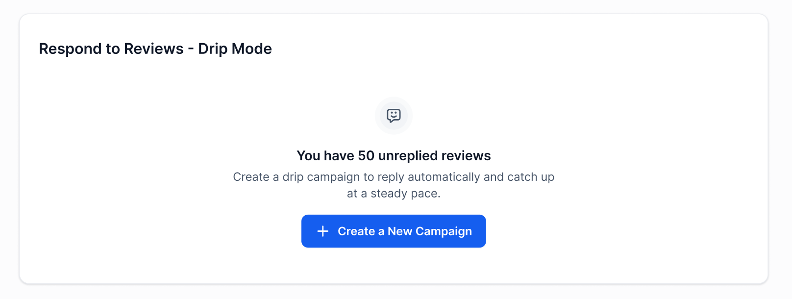 Respond to Reviews Drip Mode panel showing the number of unreplied reviews and the Create a New Campaign button.