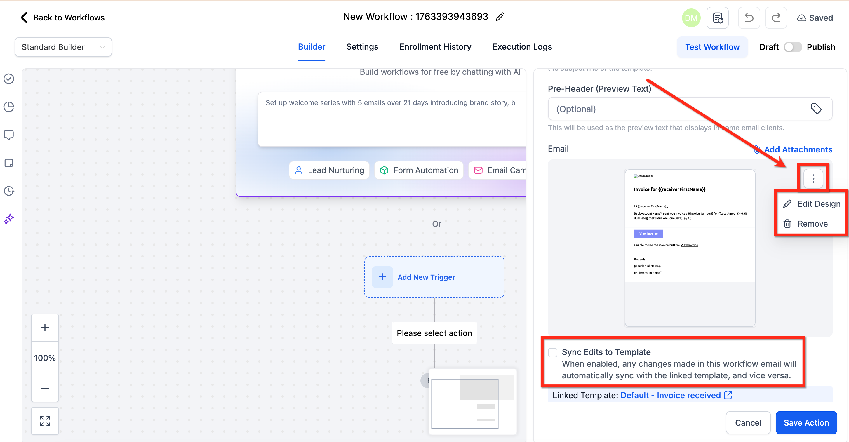 Existing email template selected in a Send Email workflow action with the Sync Edits to Template option