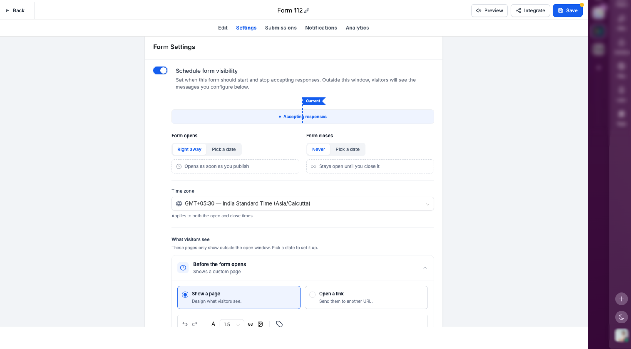 Scheduled availability settings and timeline