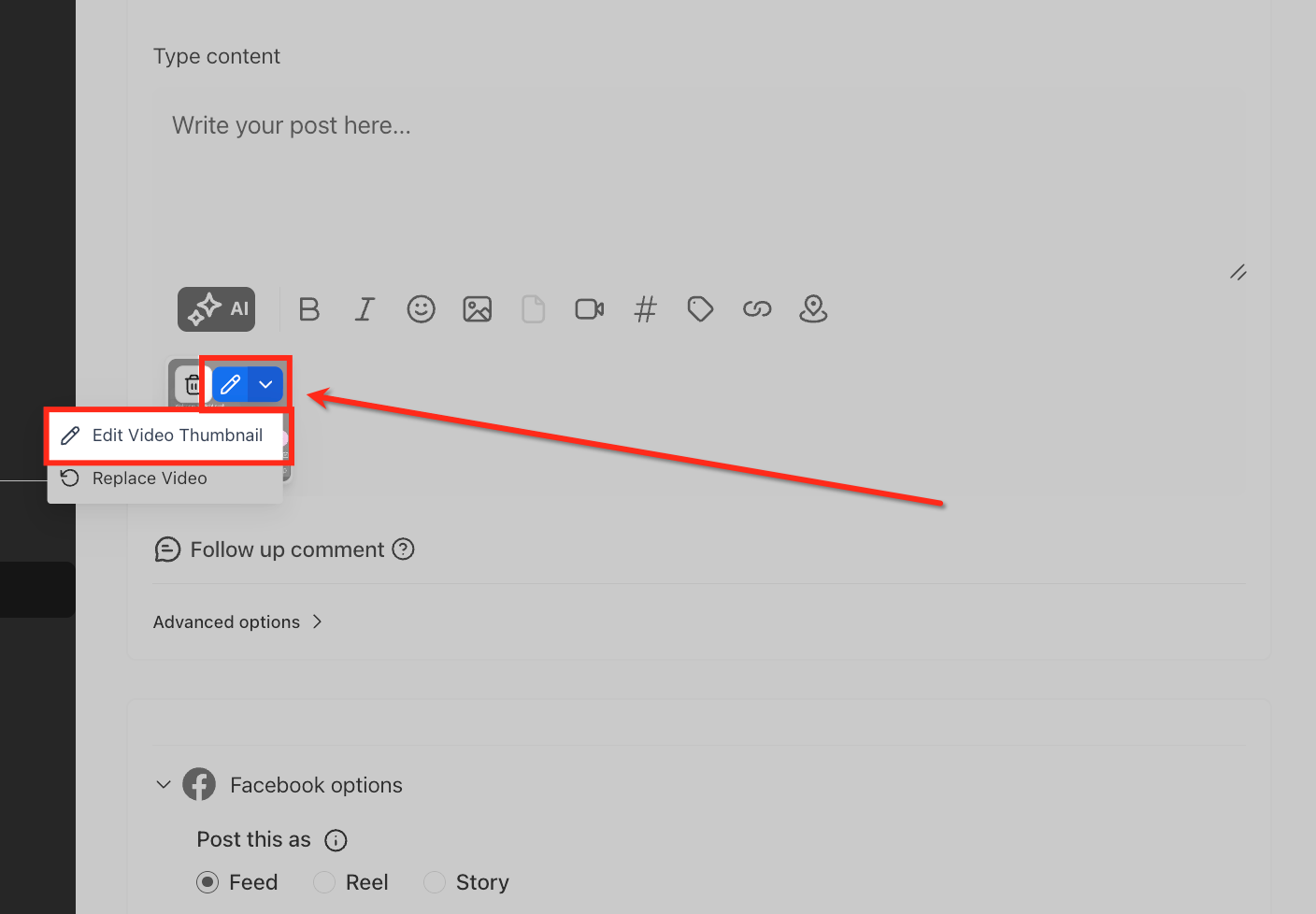 Video edit menu with Edit Video Thumbnail highlighted.