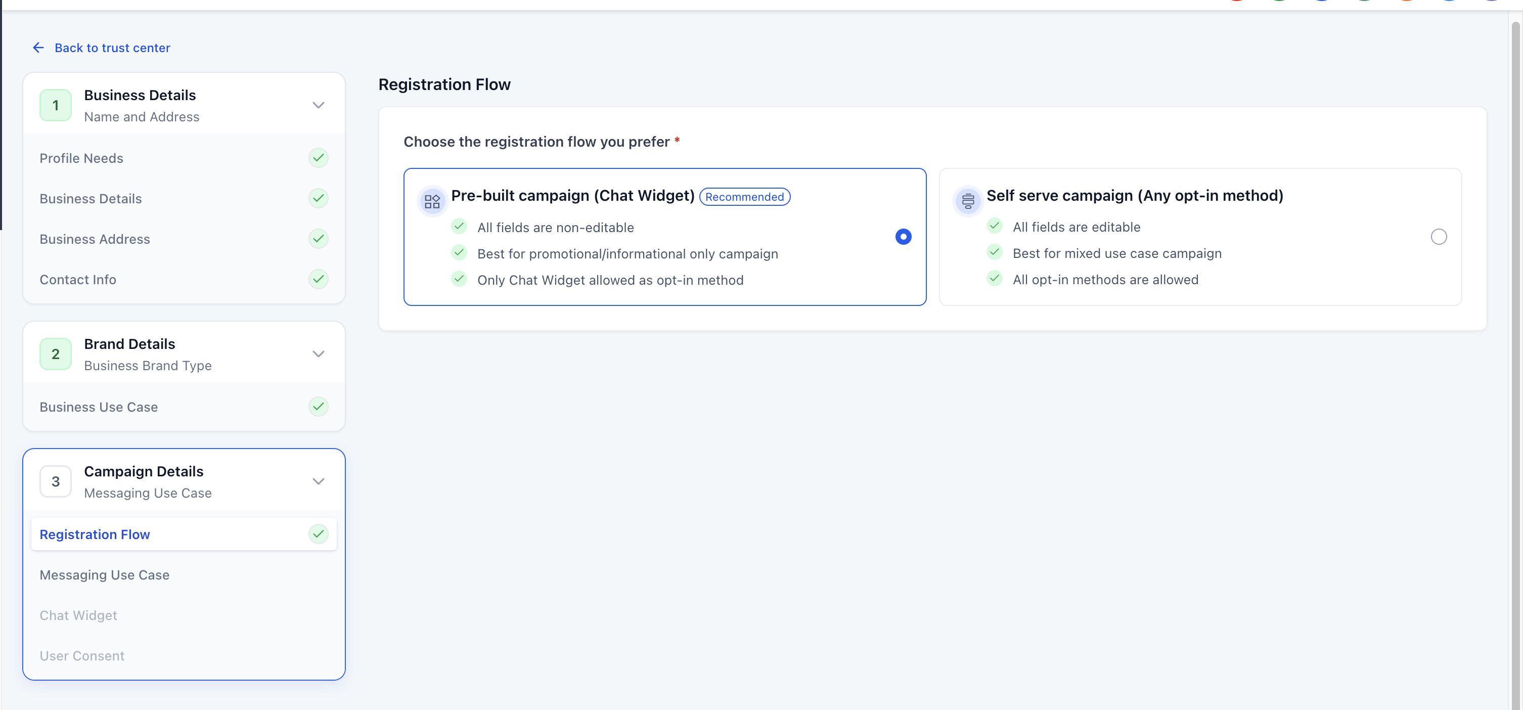 Registration flow selection screen with Pre-built campaign option highlighted