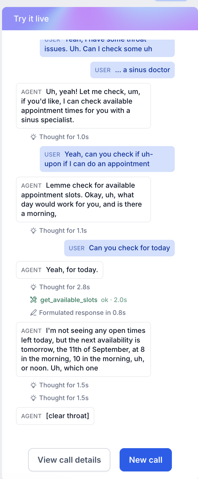 Voice AI test conversation showing agent responses and processing activity