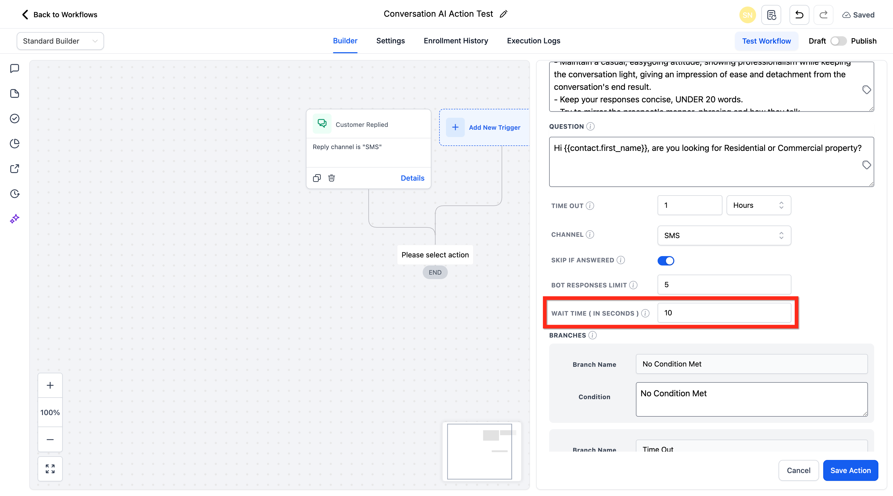 Conversation AI workflow action showing Wait time in seconds