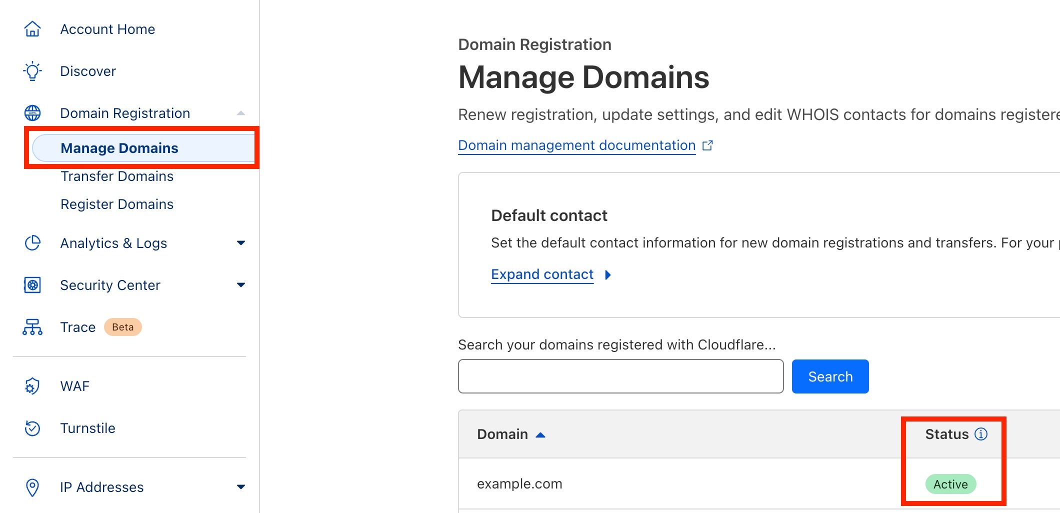 Cloudflare Manage Domains page displaying an Active domain status