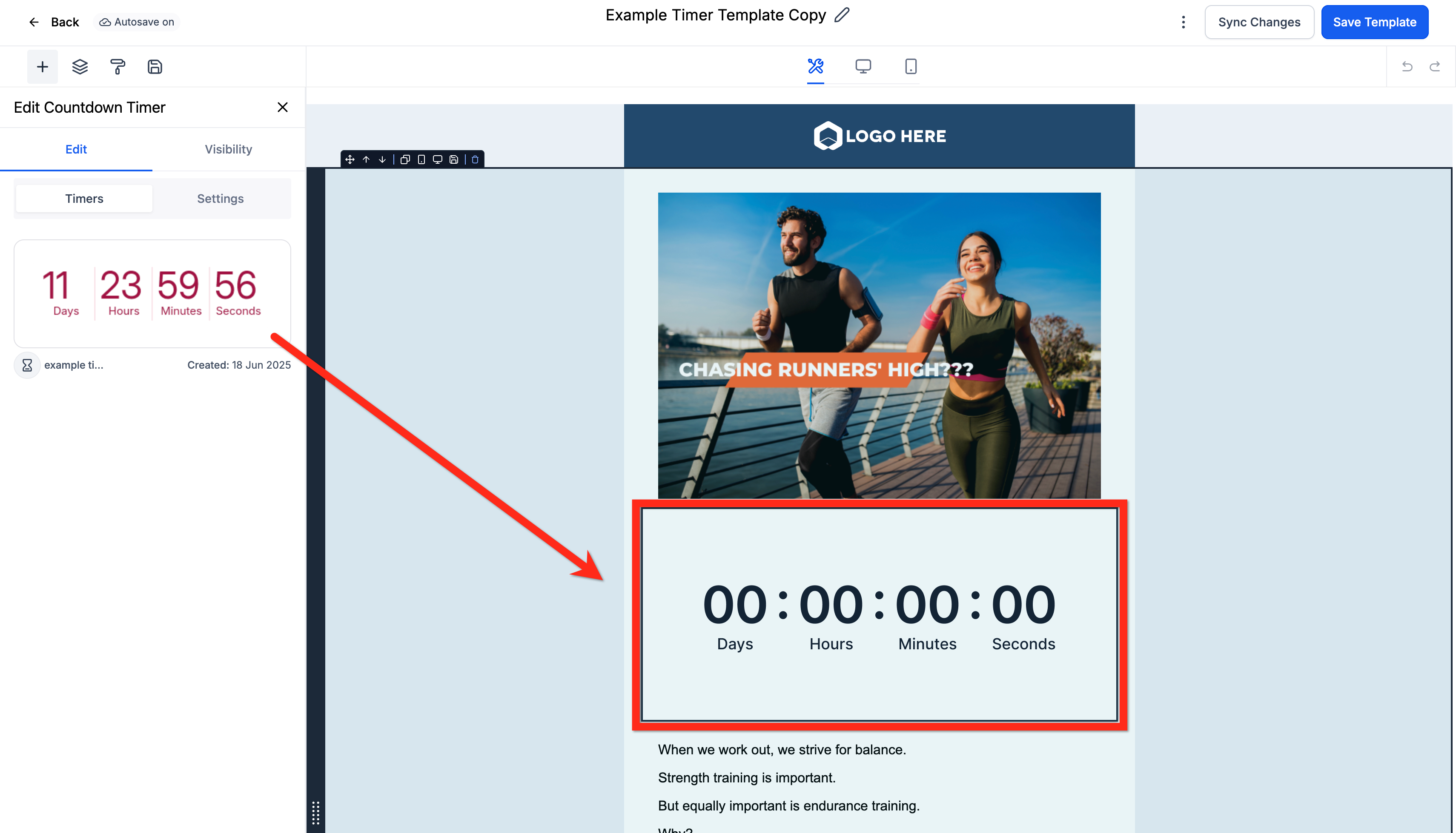 Copied email template showing the Countdown Timer Placeholder selected